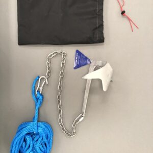 anchor kit with black bag, claw anchor, chain, and rode.