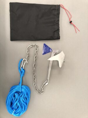 anchor kit with black bag, claw anchor, chain, and rode.